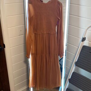 Elegant Women's Long Sleeve Dress in Tan